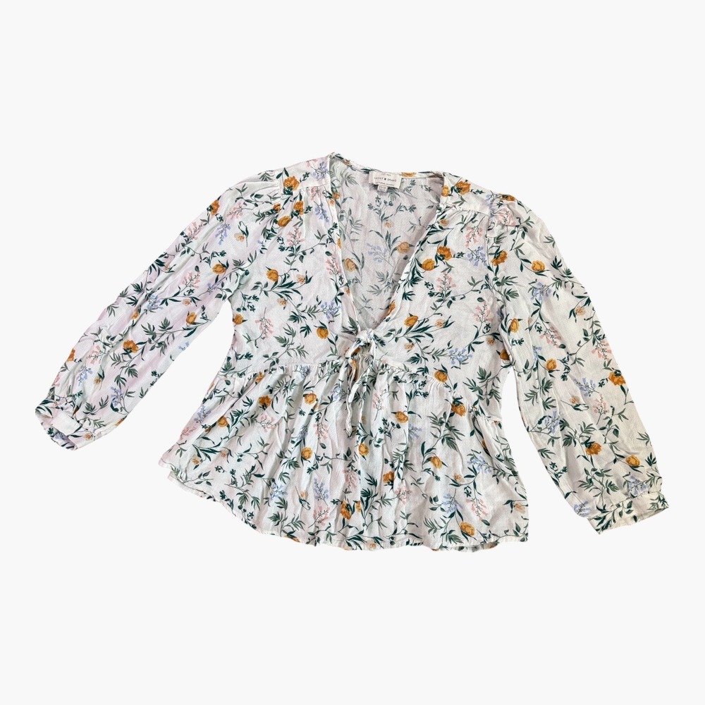 Lucky Brand Floral Tie-Front Peplum Blouse XS